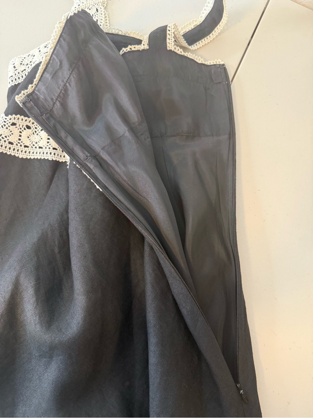 Ann Taylor LOFT Black Linen Crochet Lace Trim Mini Dress Size 4 Cottagecore - Picture 11 of 11